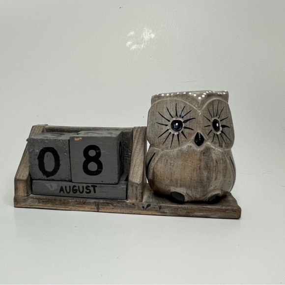 Vintage Wood Black Reusable Perpetual Calendar Owl Block Rustic Distressed - Picture 2 of 10